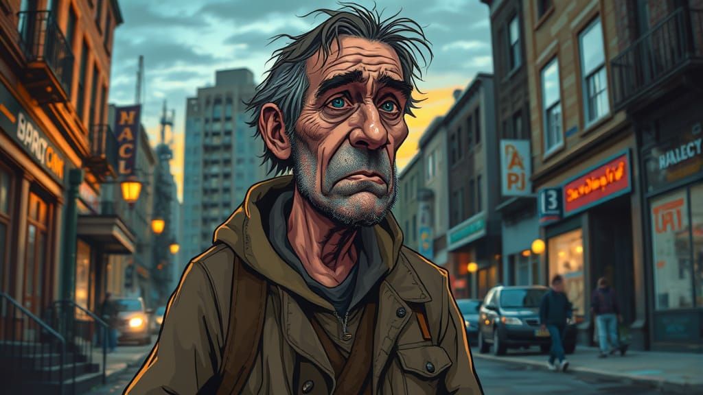 Urban Homeless Man in Despair, Gritty City Streets at Dusk