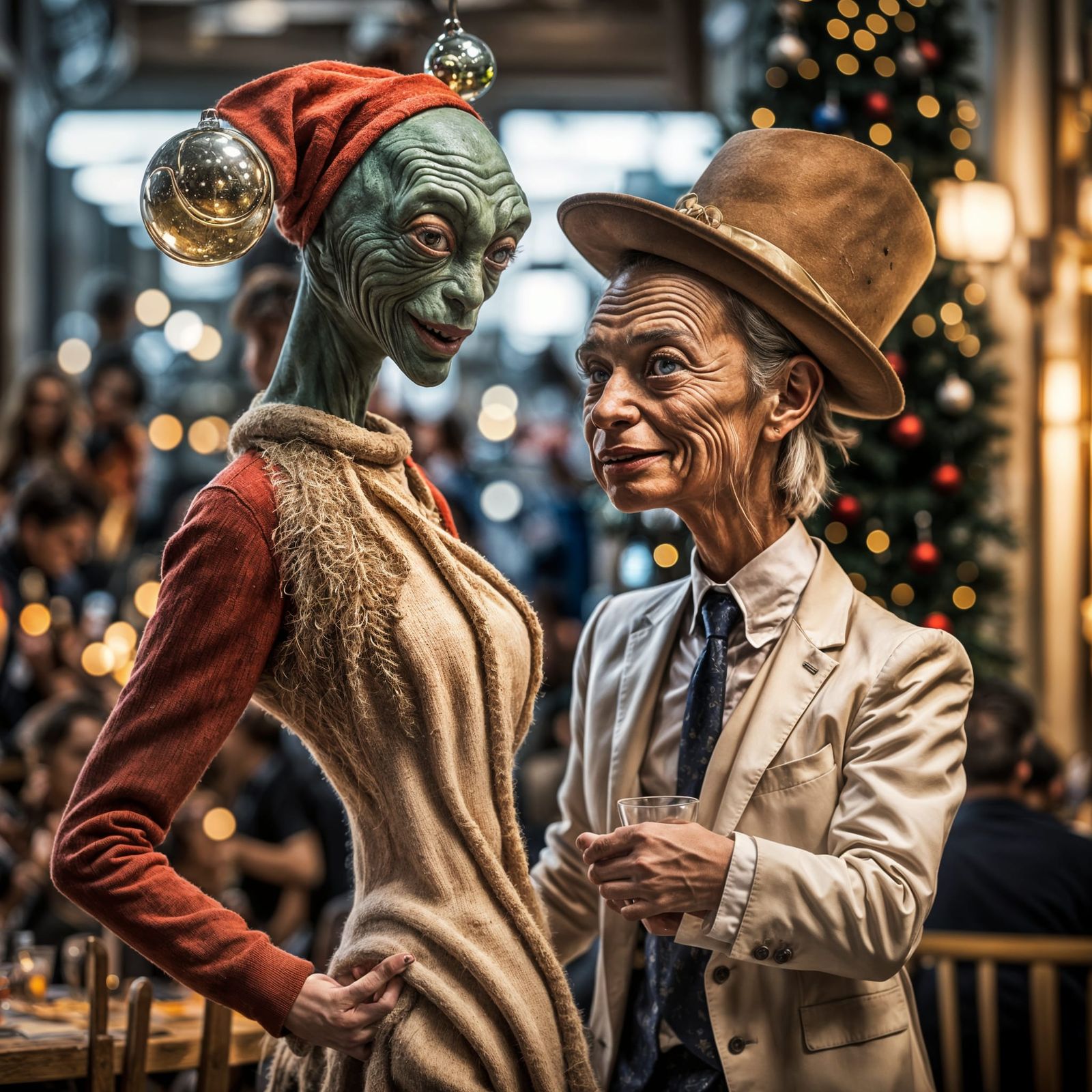 Surreal Restaurant Scene with Exotic Aliens