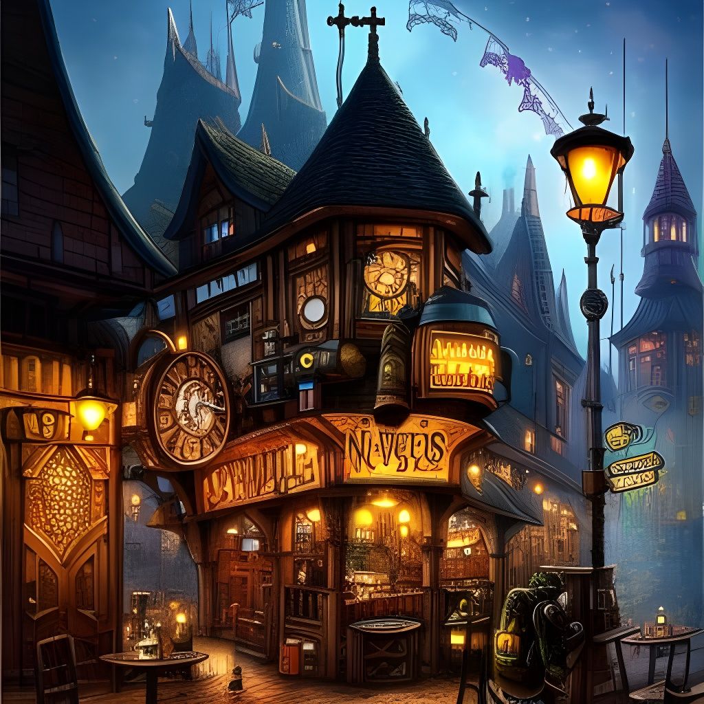 Steampunk Inn in Medieval Village with Rainbow Smoke