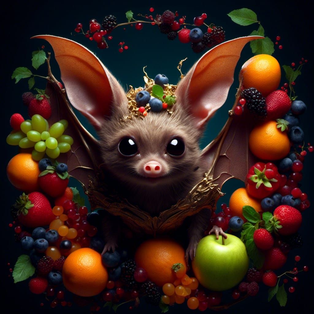 Adorable Fruit Bat Portrait in Mixed Media Style
