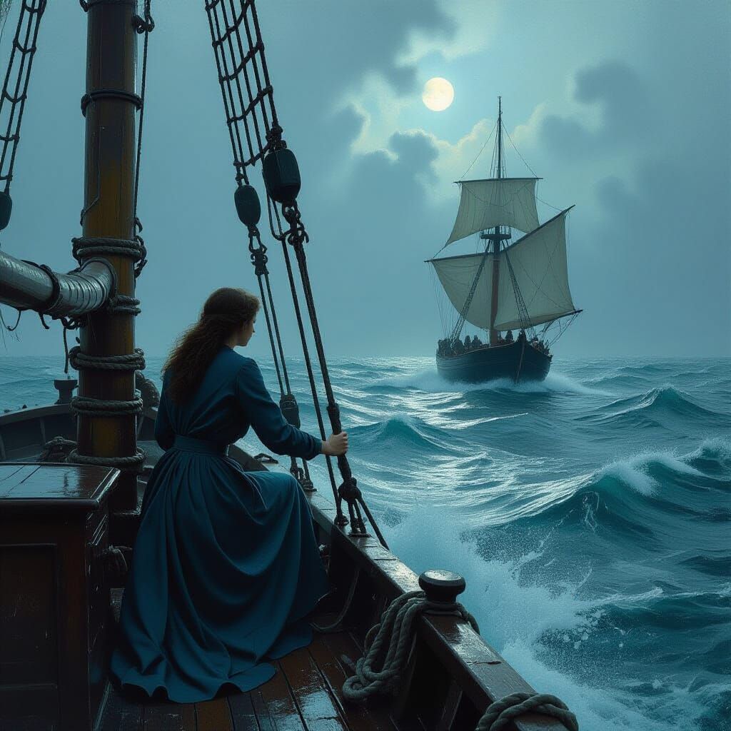 Woman on Lifeboat in Stormy Seas