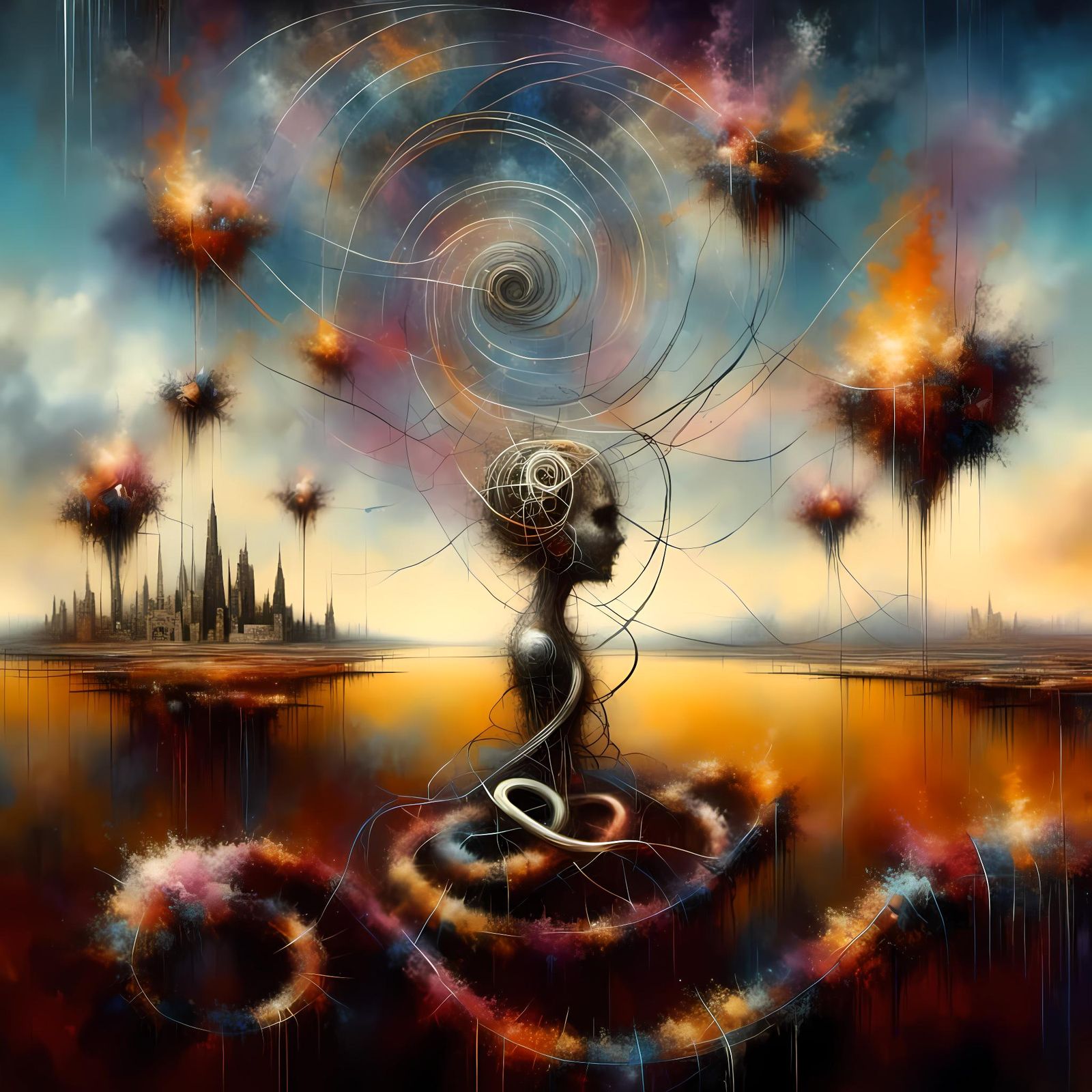 Surreal Landscape with Distorted Flora and Metallic Sky