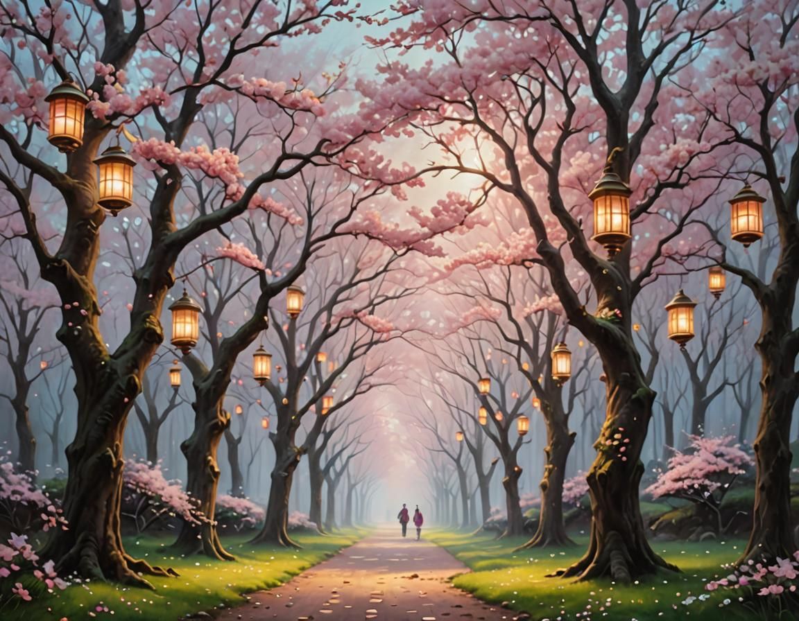 Cherry Blossoms in Mystical Forest: Art Nouveau Oil Painting