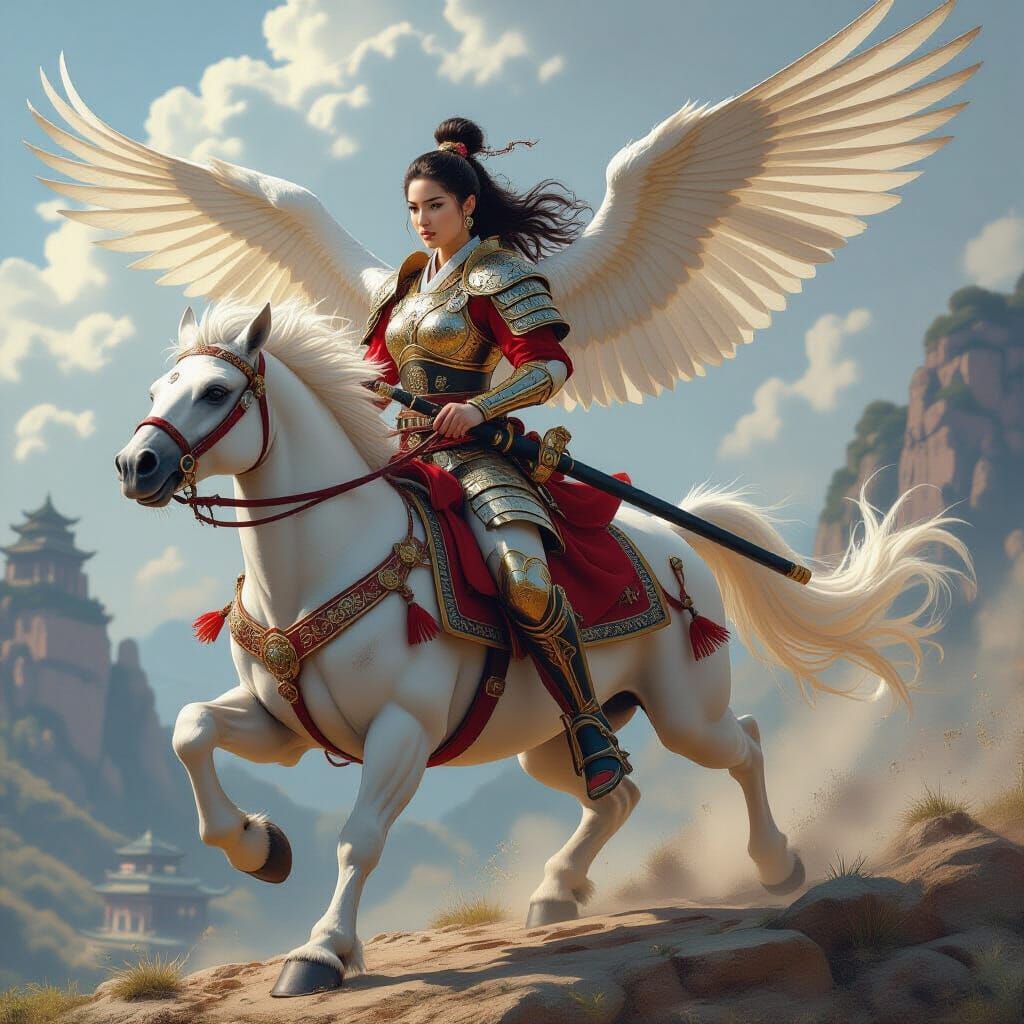 Warrior on Griffin Amidst Stormy Clouds