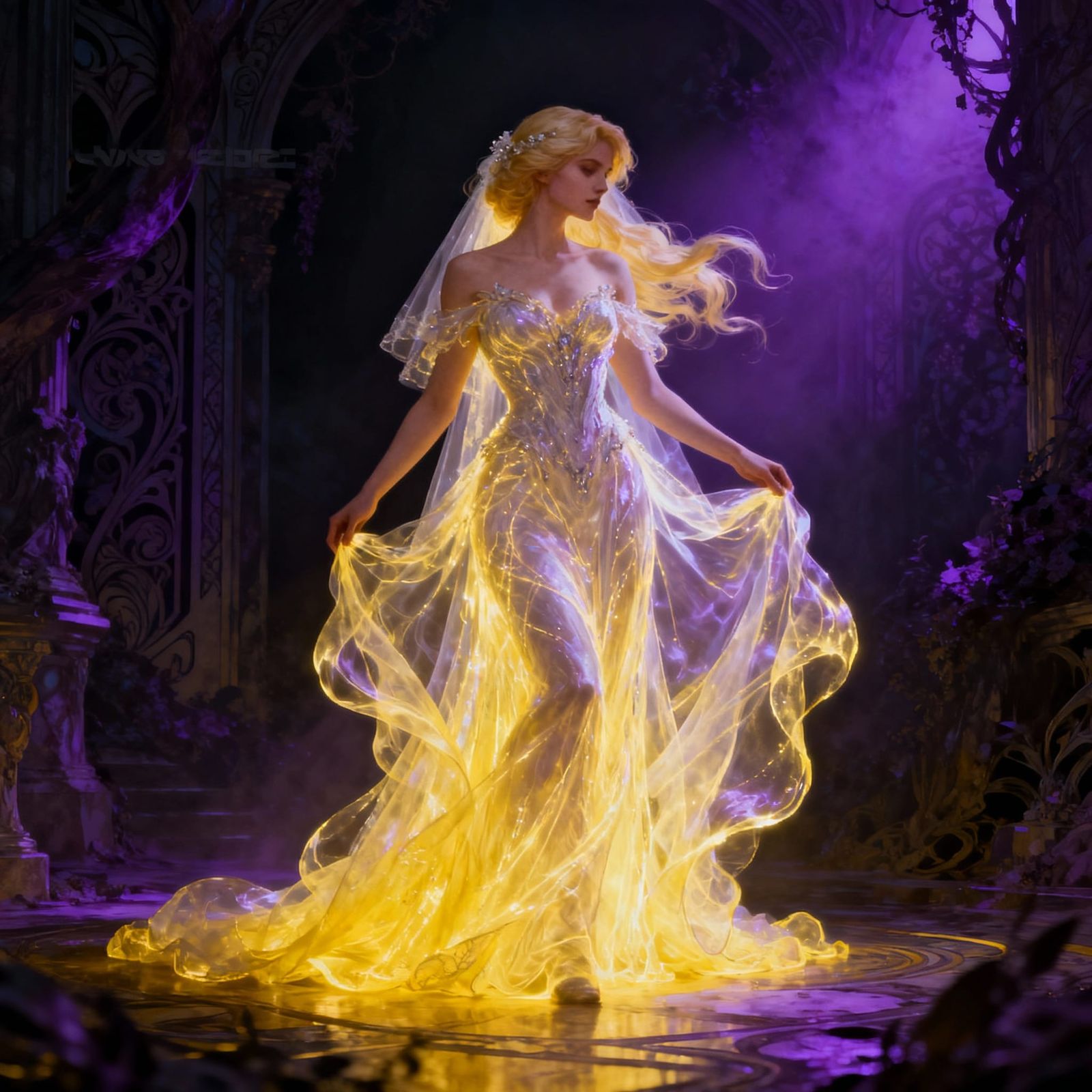 Elegant Woman in Fantasy Light Wedding Dress