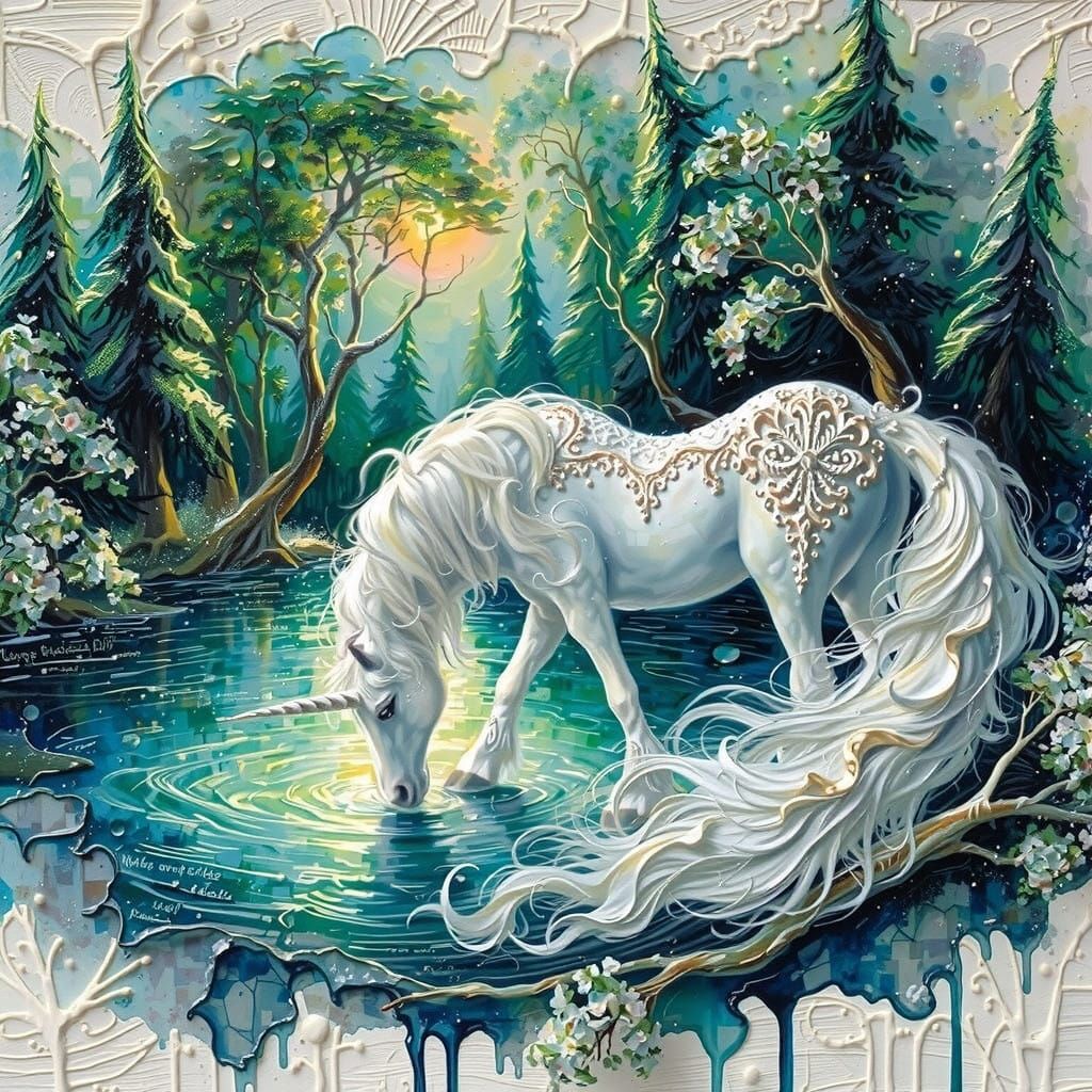 White unicorn drinking at the lake