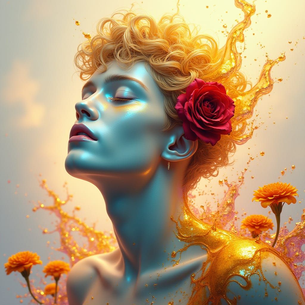 Ethereal Chrome God with Vibrant Blue and Gold Accents