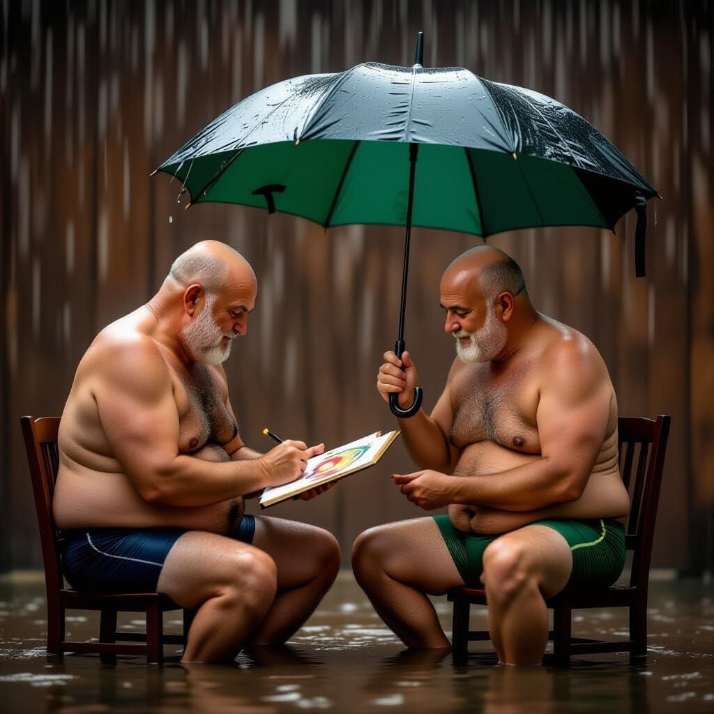 Intimate Portrait of Two Men in Rain, Vibrant Photography