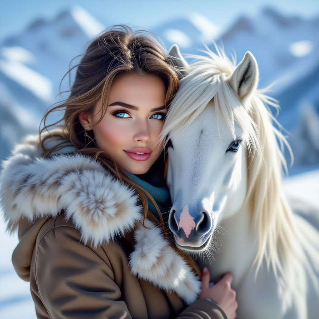 Beautiful Woman and Pony in Snowy Landscape Oil Painting
