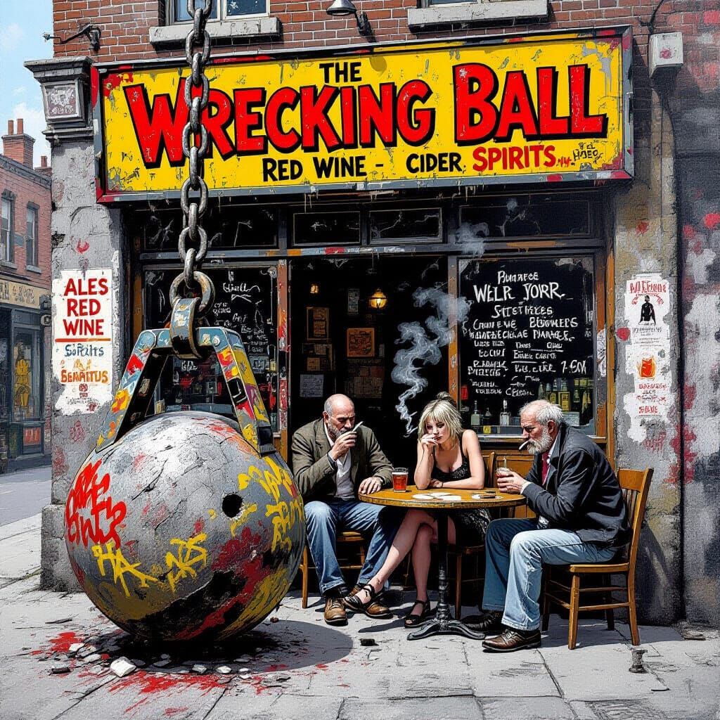 Gritty City Pub Scene with Graffiti Wrecking Ball