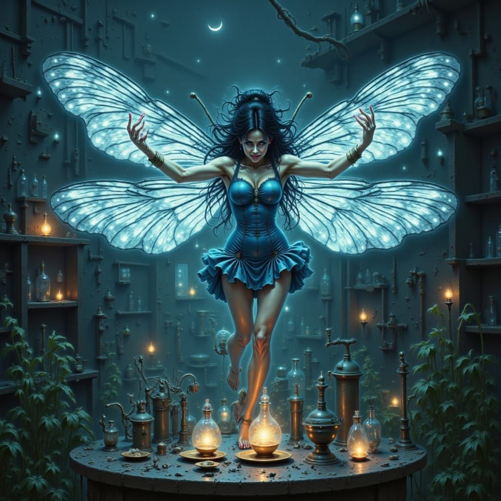 <lora:Dr Elara Vexmoor:1.0> gingham print Magical Dragonfly: "An ethereal dragonfly with shimmering blue and white gingh...