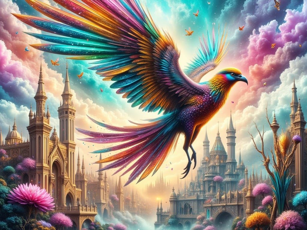 Majestic Bird Flies Over Fairytale Kingdom