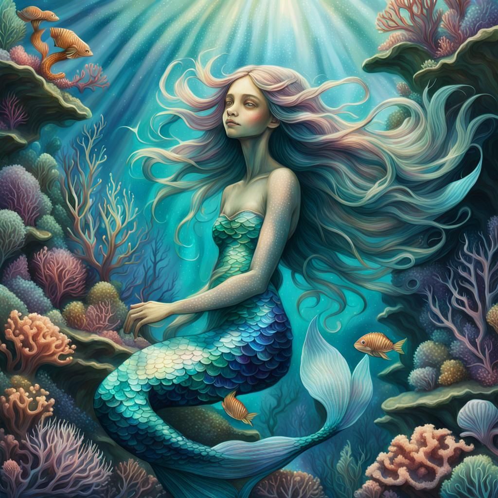 Mermaid in Coral Reef: Magical Realism Illustration
