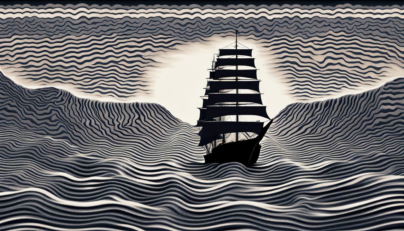 Optical illusion of ship on moving waves