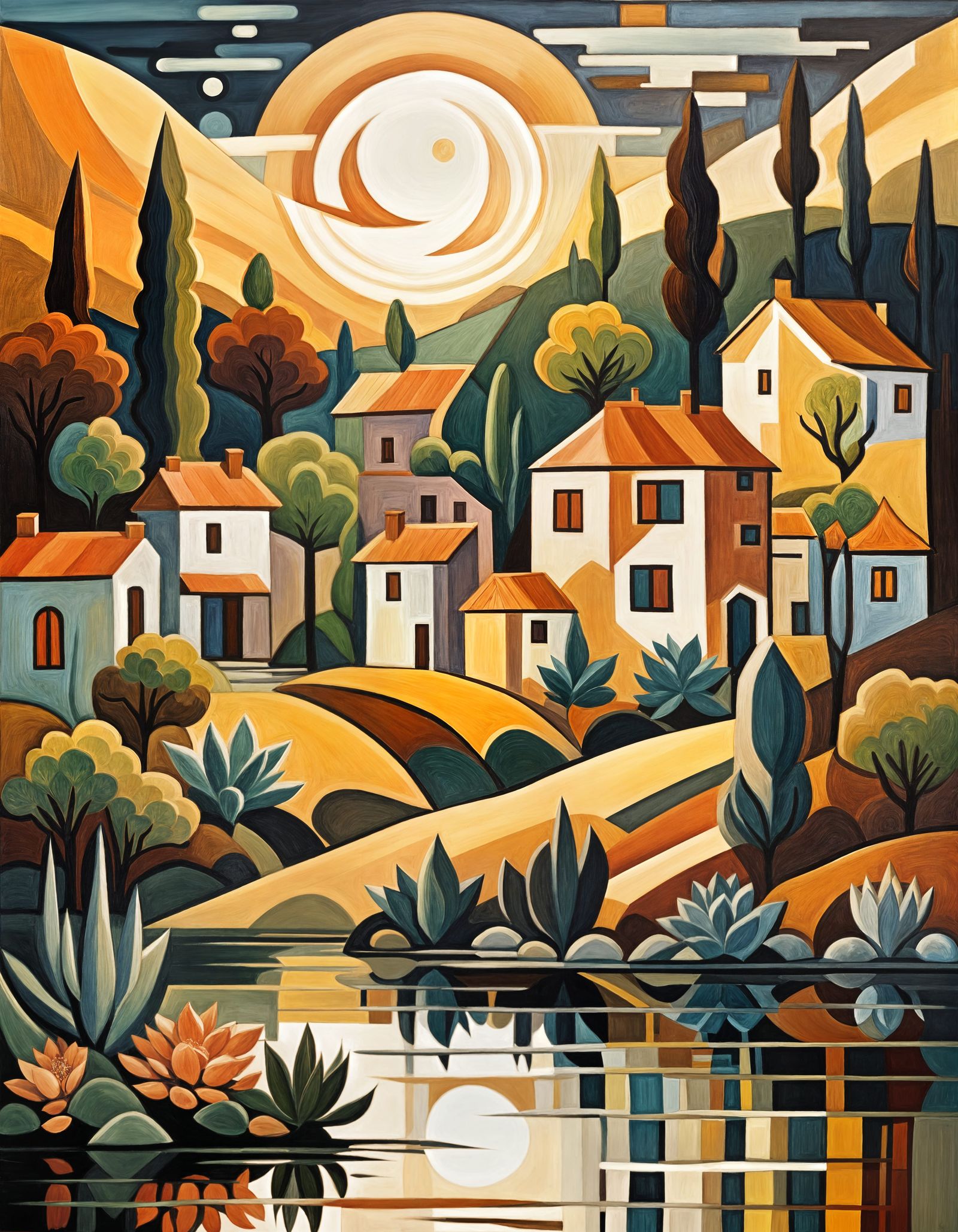Cubist Moonrise Over Lakeside Village as Acrylic Painting