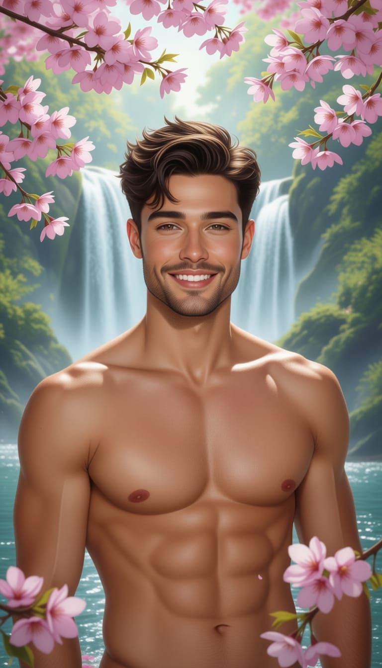 Romantic Portrait of a Man Among Cherry Blossoms