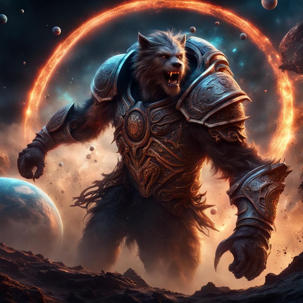 Galactic Warrior Amidst Destroyed Planets