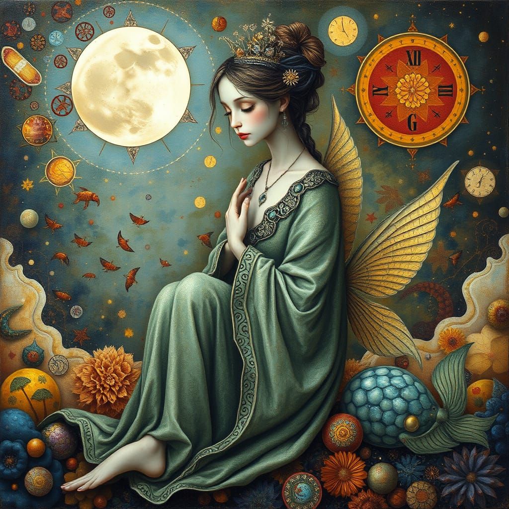 Surreal Lady-Fish Figure in Cosmic, Mystical Landscape