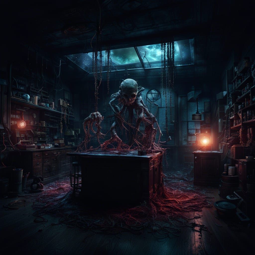 Scary Scientist Mixing Chemicals in Dark Room: Matte Paintin...