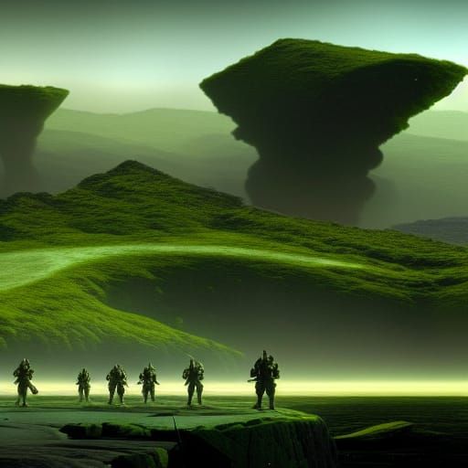 Futuristic Army Gathering on Alien Planet: Roger Dean Style