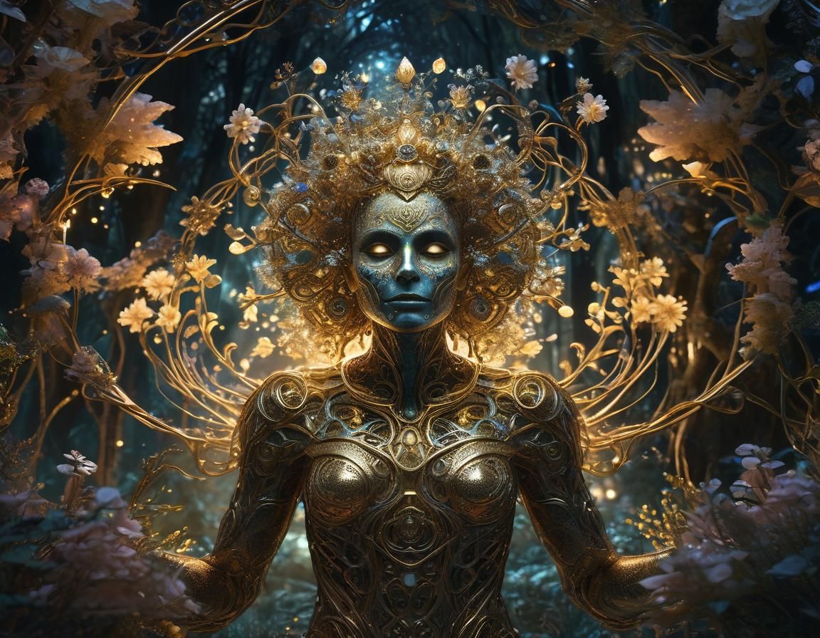 Golden Golem Radiating Light in Mystical Forest