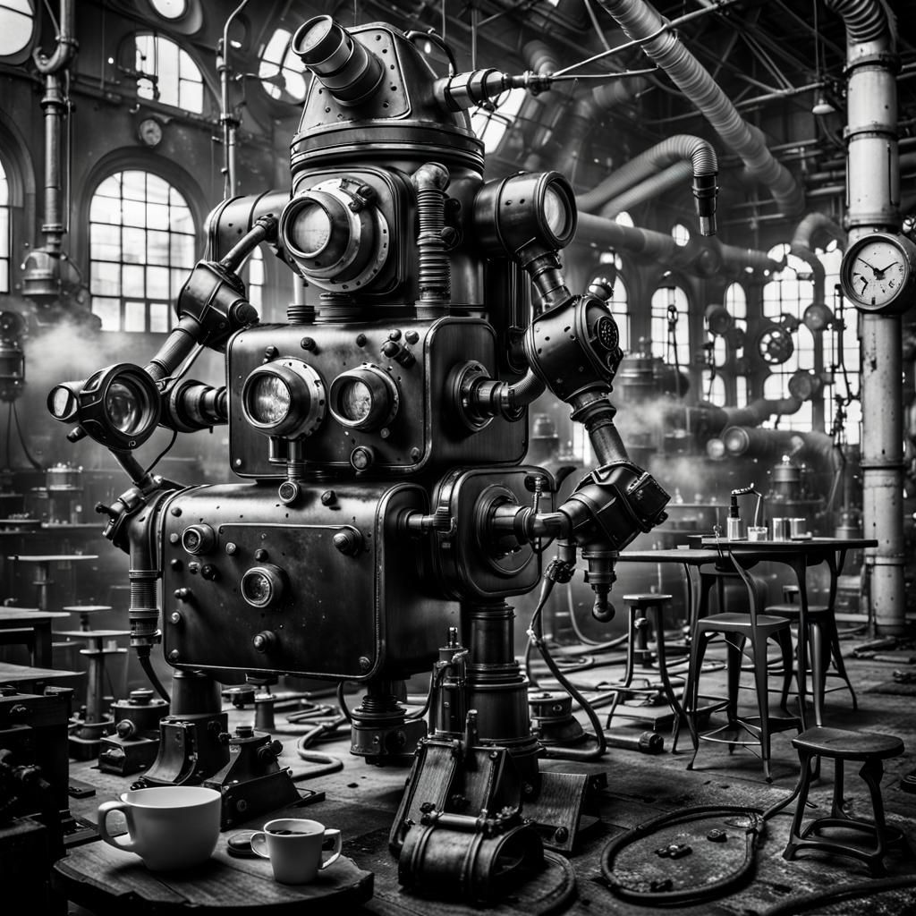 Steampunk Robot Barista in Black and White