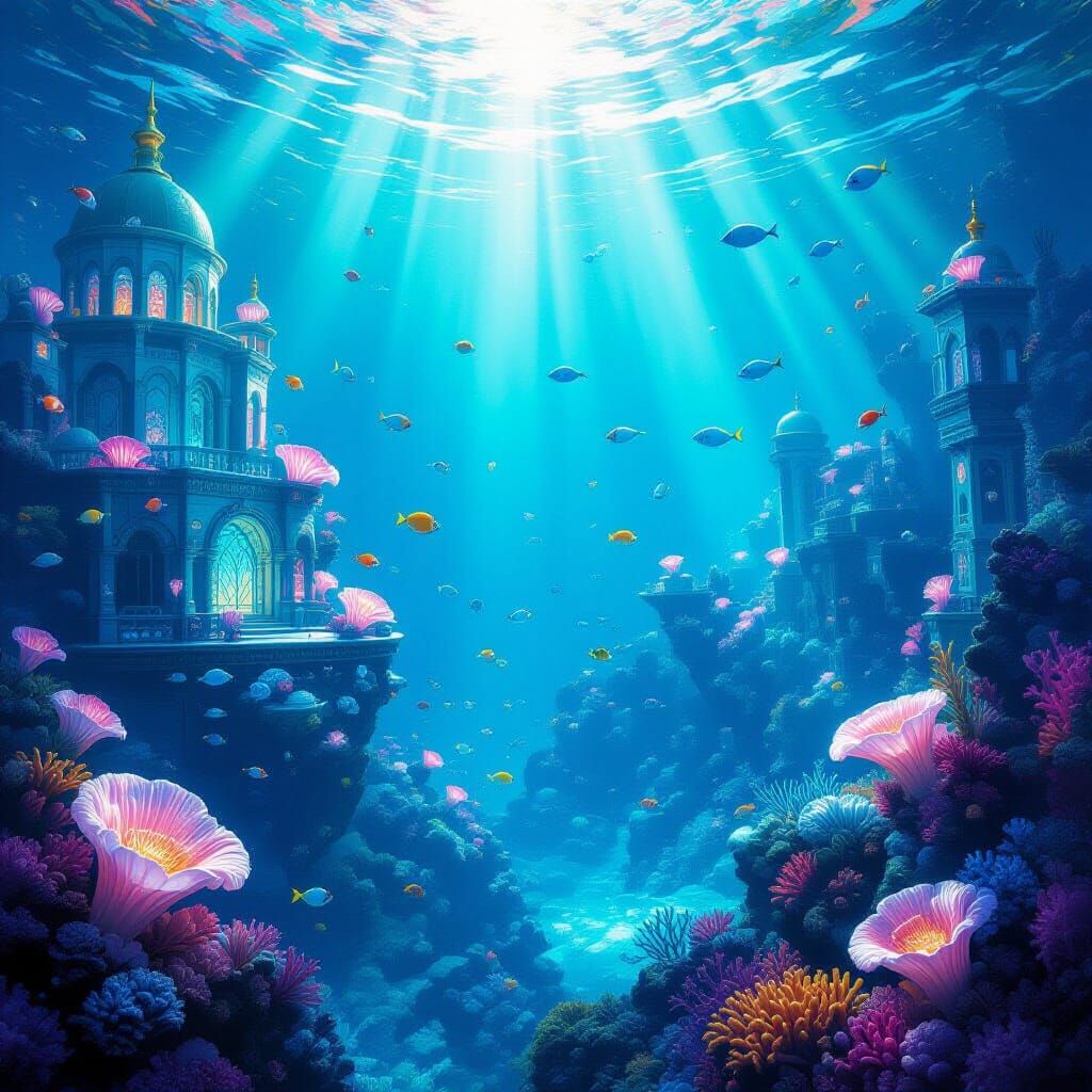 Underwater Coral Reef City With Merfolk and Sea Creatures