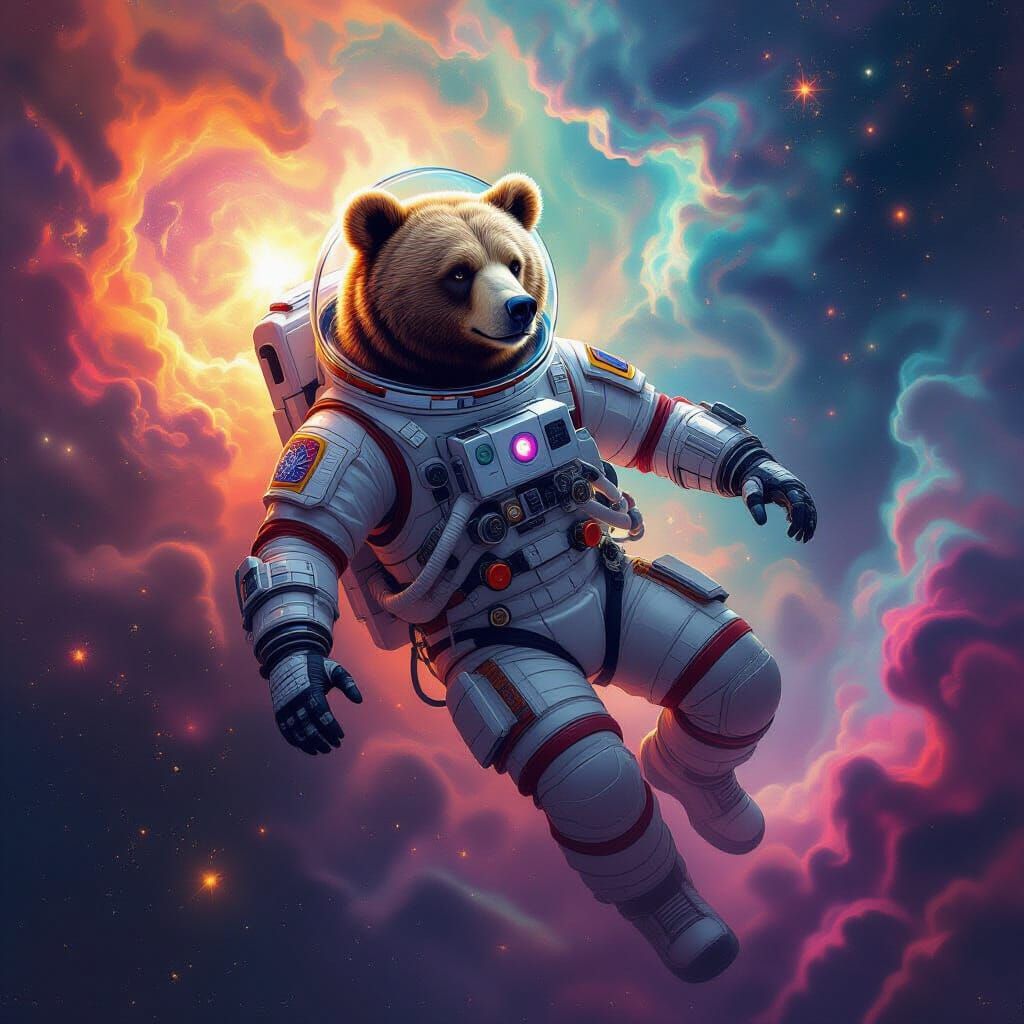 Bear Astronaut in Space: Biomechanical Art Nouveau Style