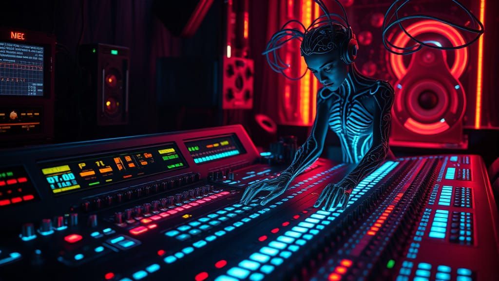 Glowing Controls Manipulated by Dark Fantasy Cyberpunk Woman...