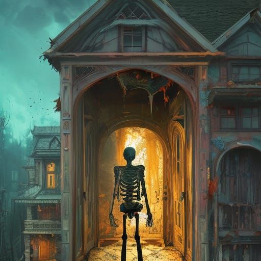 Cinematic Skeleton in Haunted House Doorway