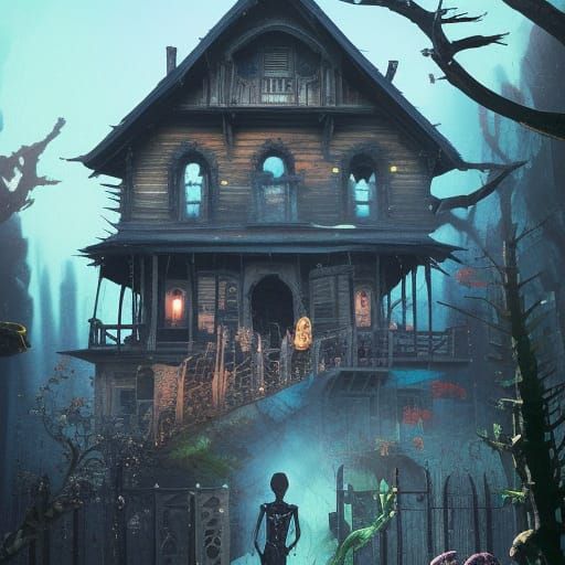 Cinematic Skeleton in Haunted House Digital Illustration
