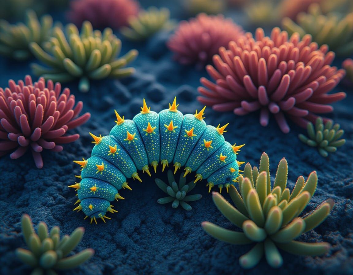 Alien Caterpillar on Bioluminescent Plant, Retro Sci-Fi Art ...