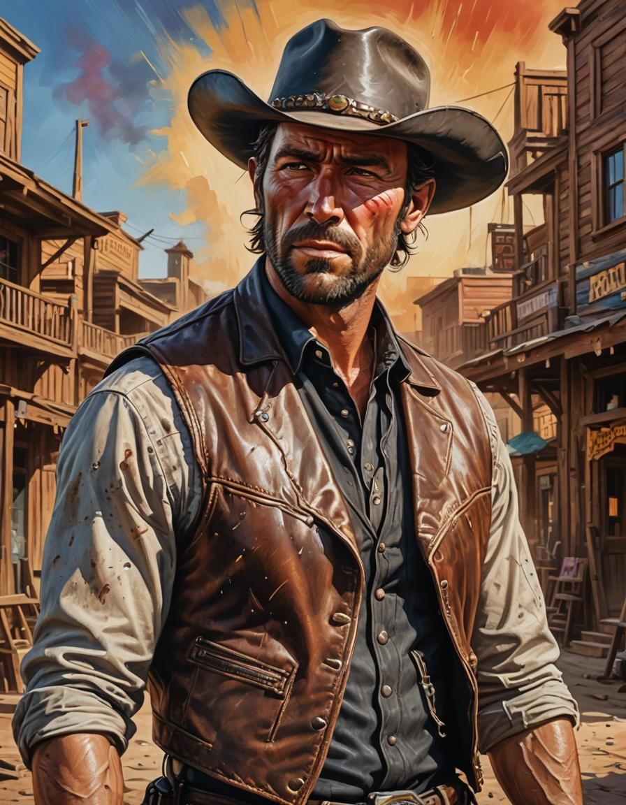 Hyperrealistic Cowboy Portrait in Wild West Town