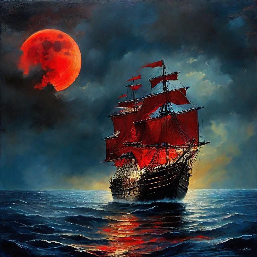Ghost Ship Under Red Moon: Romanticism Art