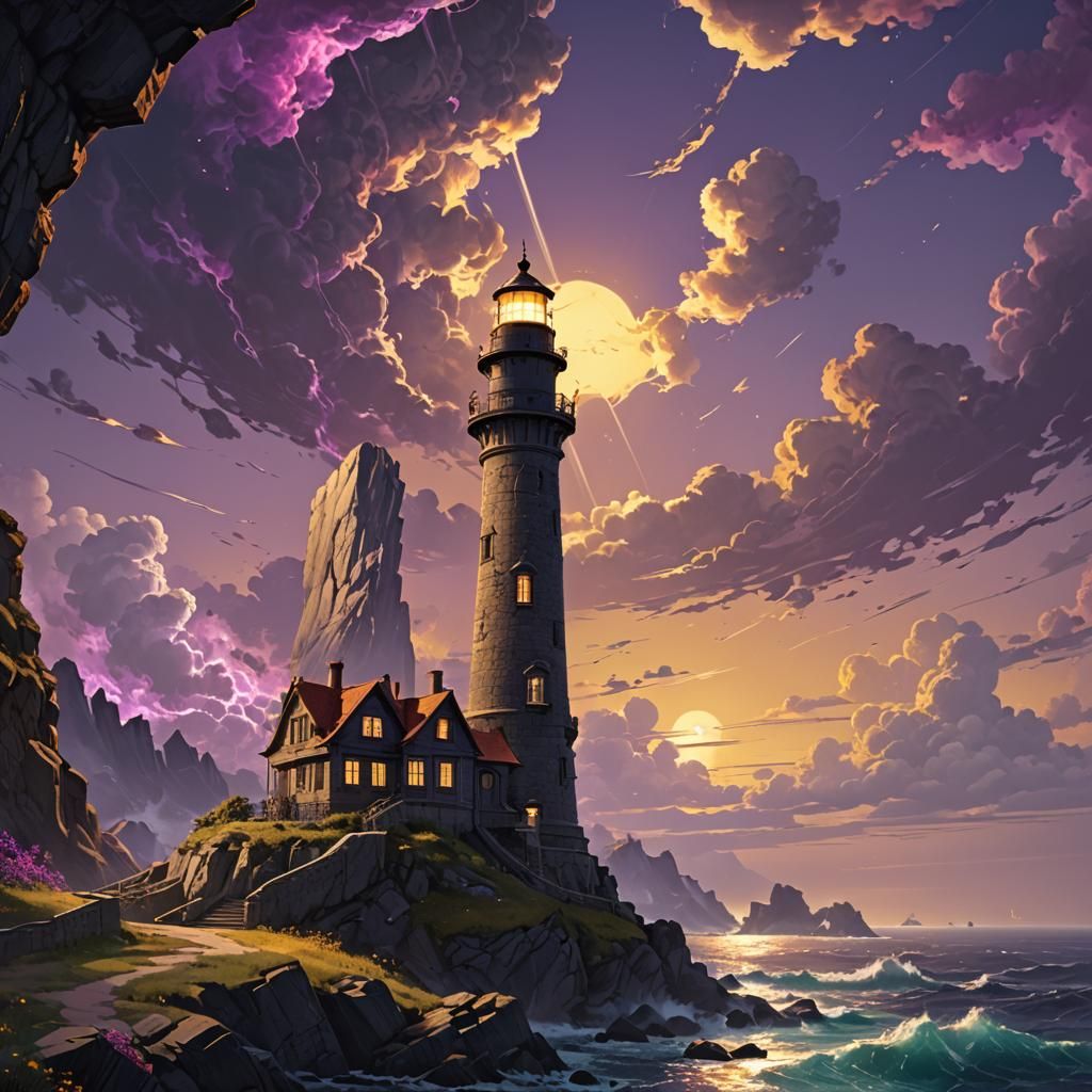 Dark Fantasy Lighthouse in Purple and Yellow, 8K