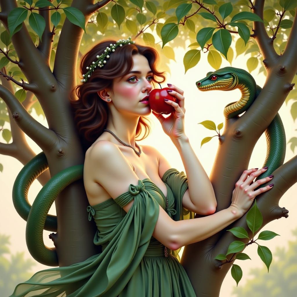Eve Tempted by Serpent in Lush Garden, Frazetta Style
