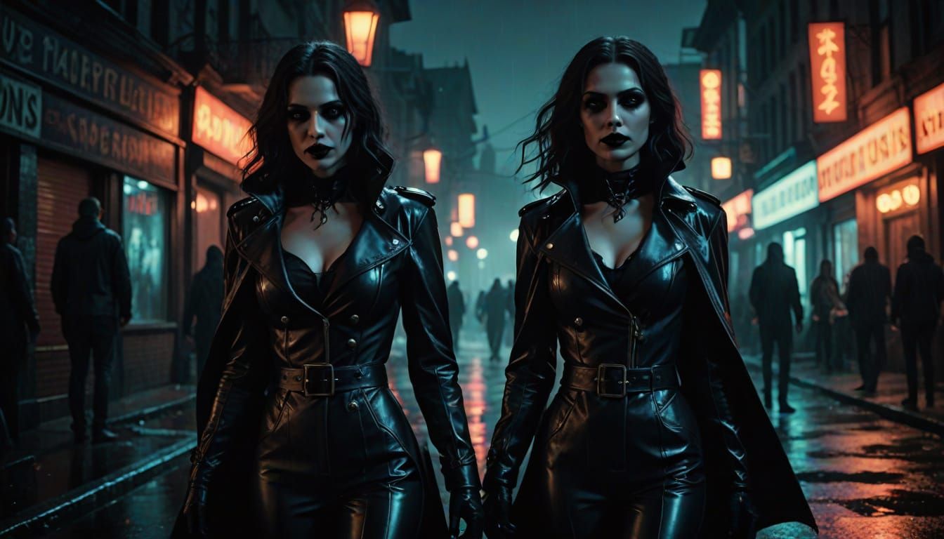 Latex Vampire Strides Through Neon City Streets