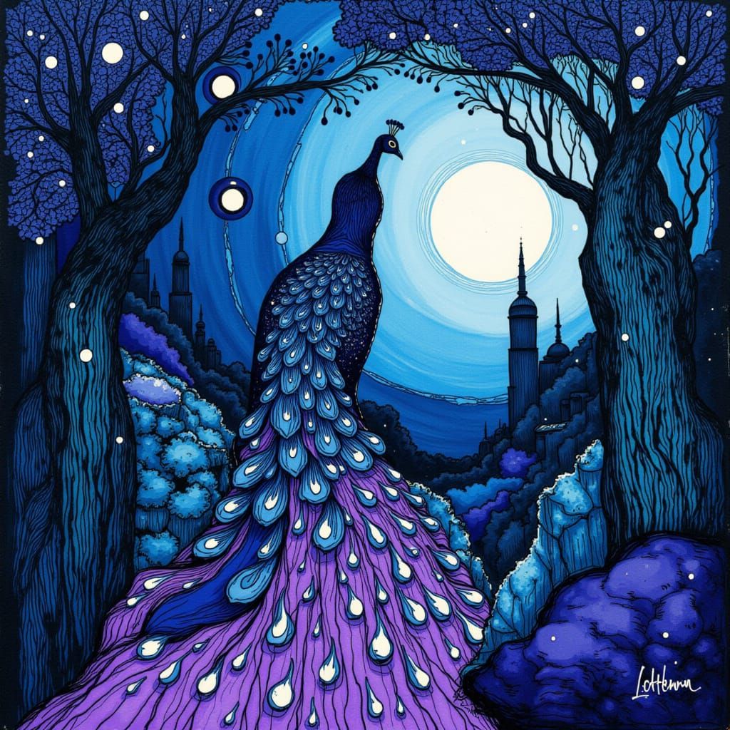 Iridescent Peacock in Moonlit Dream Garden
