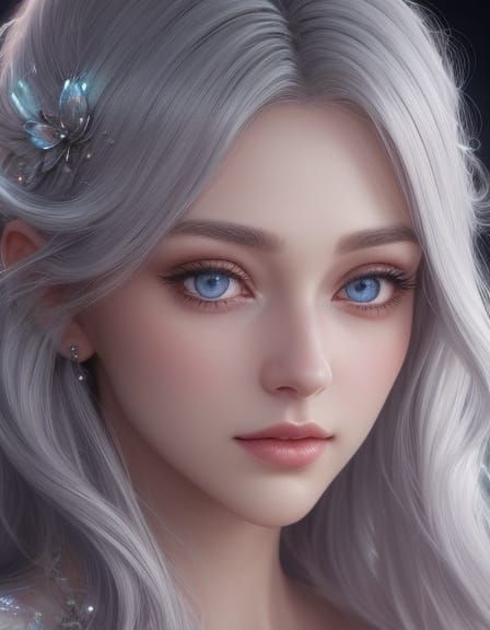 Silver-Haired Person with Shimmering Eyes in Fantasy Art Sty...