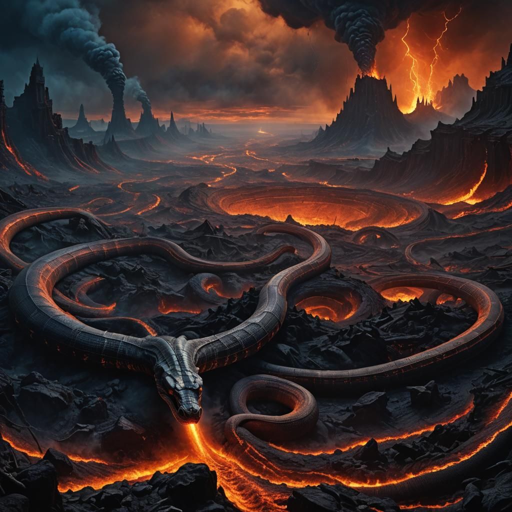 Cobra Navigating Fiery Hellscape in Beksiński Style