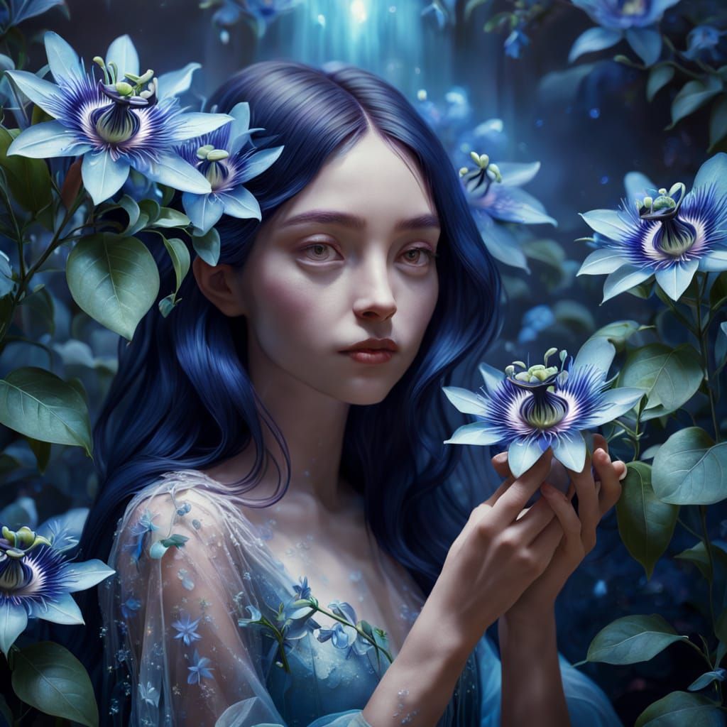 Blue Passion Flowers in Hyperrealistic Ethereal Art