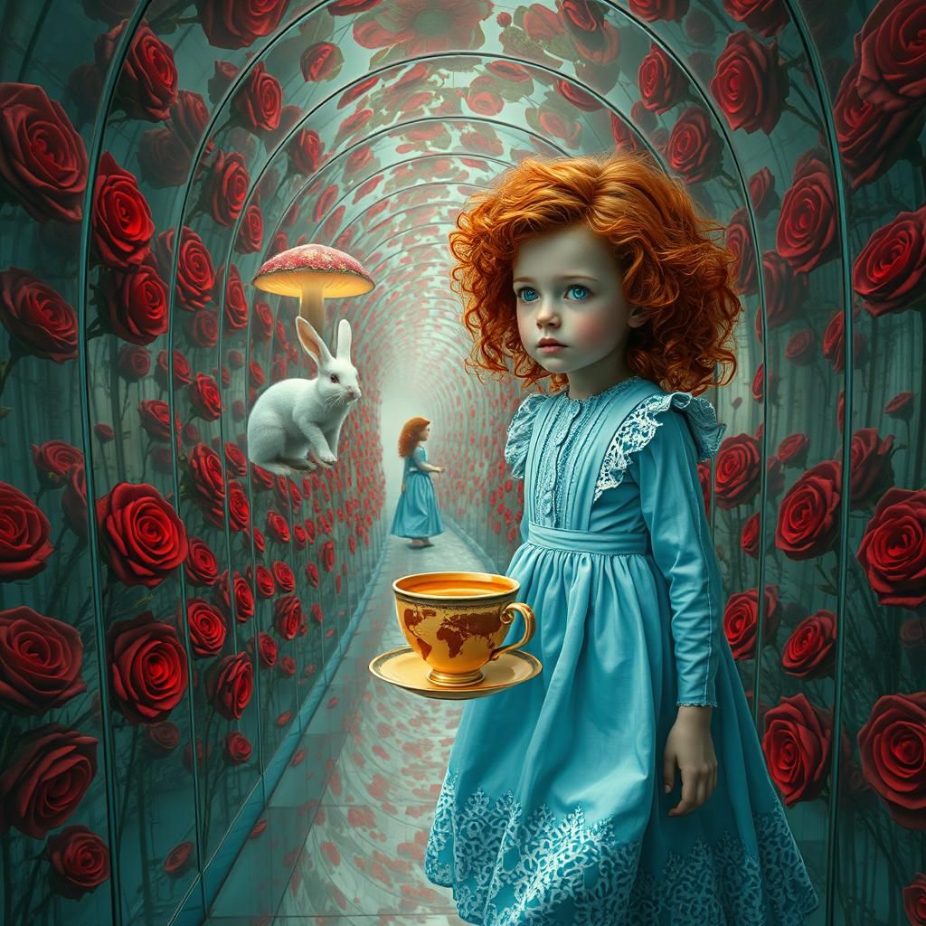Girl in Mirrored Rose Maze, Dreamlike Scene