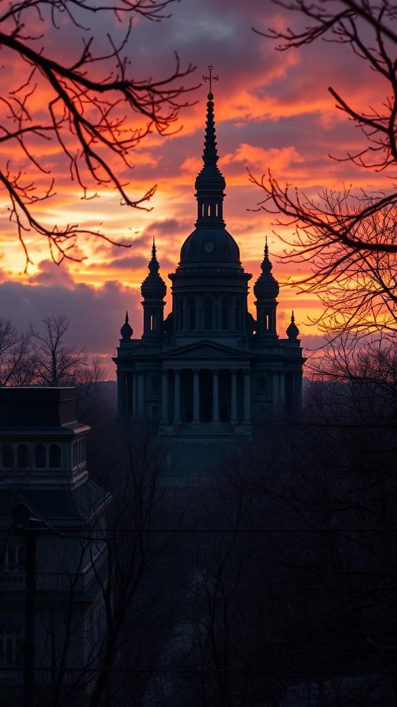 Hyperrealistic Sunset Over Old Church