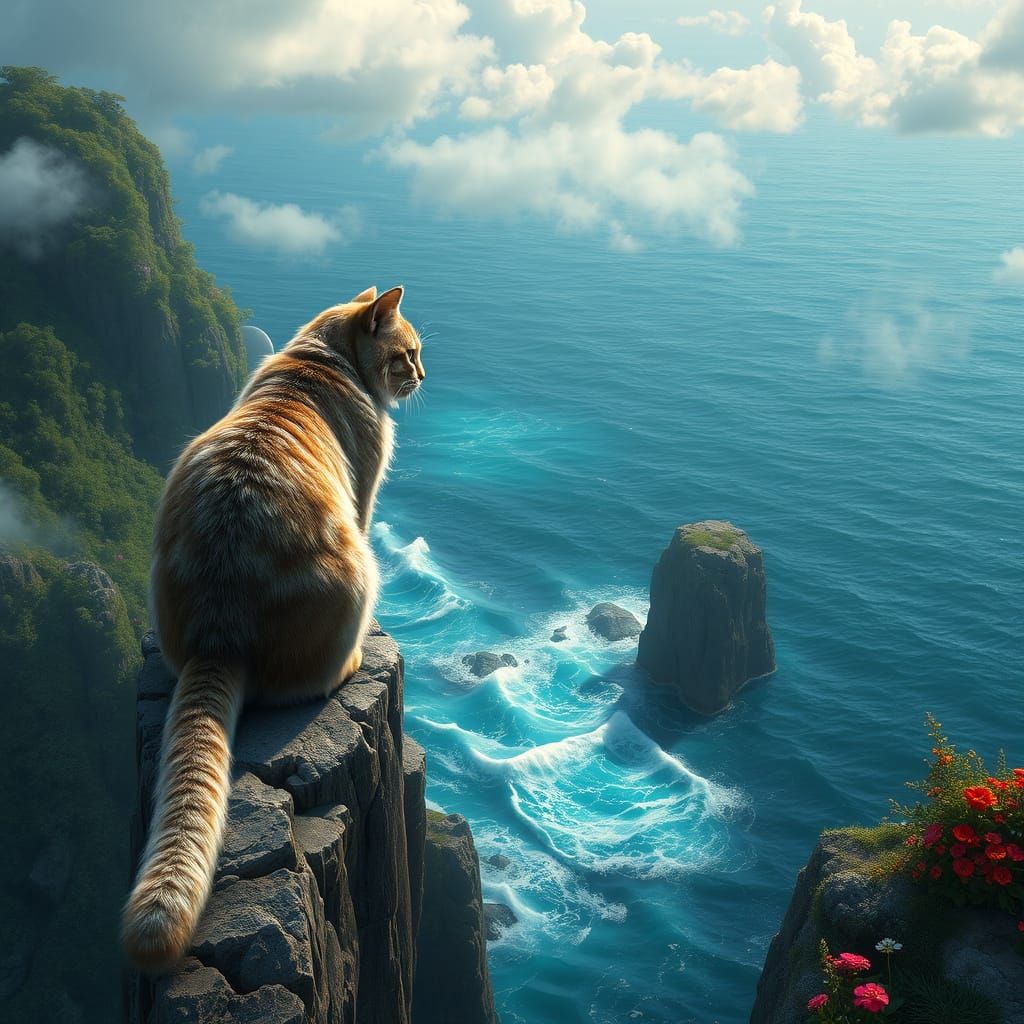 Majestic Cat Sits on Cliff Edge, Gazing Out at Turquoise Oce...