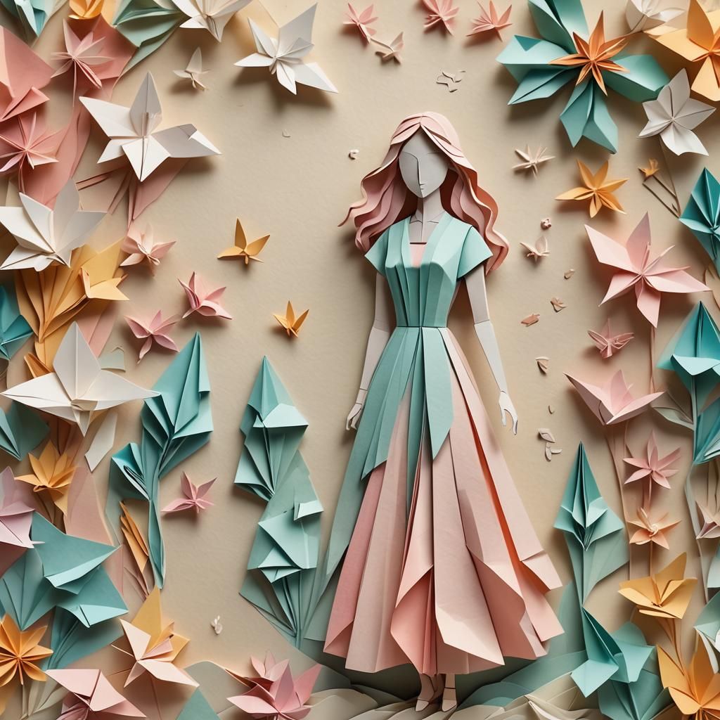 Origami Girl in Flowing Paper Dress