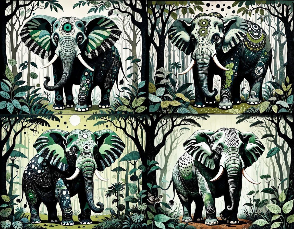Whimsical Elephant in Intertextual Artistic Style
