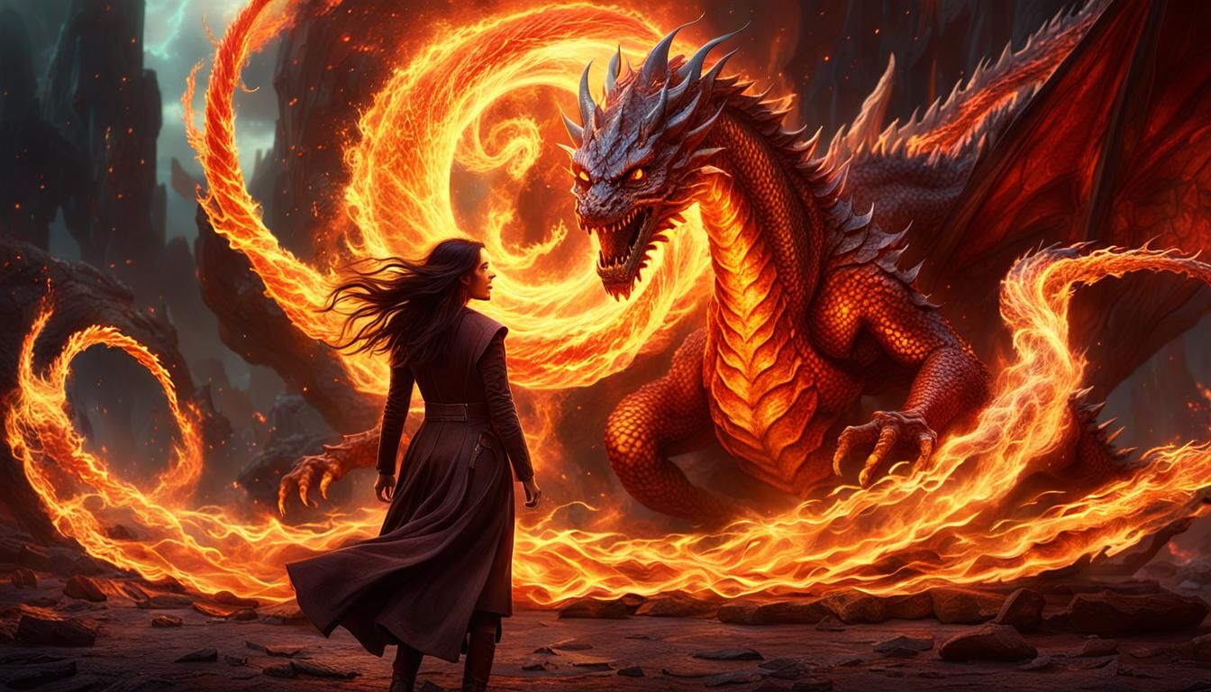 Fiery Girl and Dragon Bond in Sci-Fi Futurism