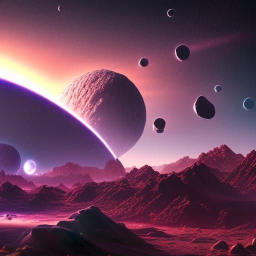 Colorful Planet with Asteroids: Fantasy Concept Art