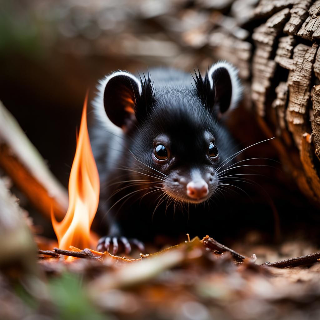 Terrified Skunk and Mouse Hiding from Fire