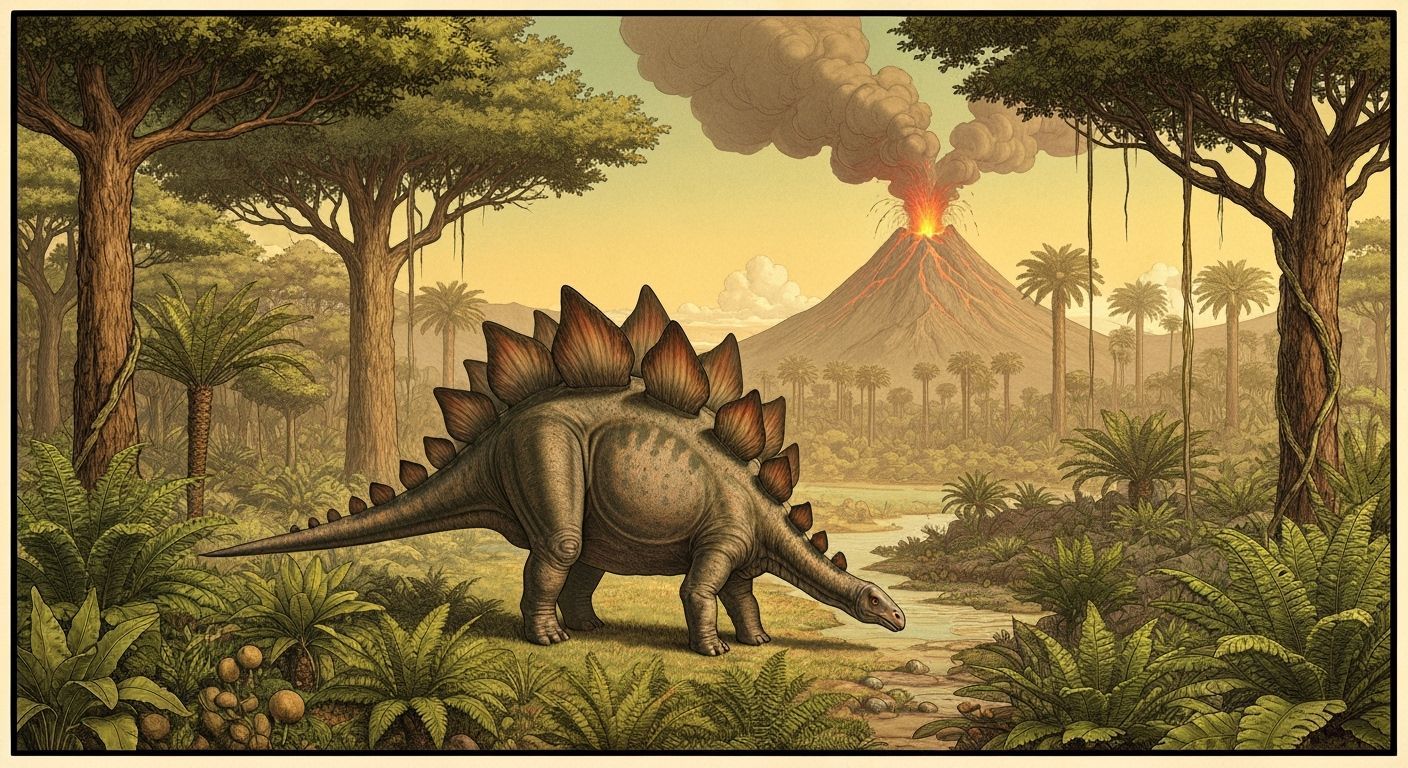 Stegosaurus in Prehistoric Valley: Vintage Botanical Illustr...